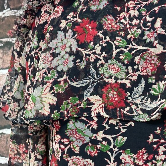 Zara Basic Collection Long Sleeve Dress Fringe Floral Red Black Size Small S - Picture 10 of 17